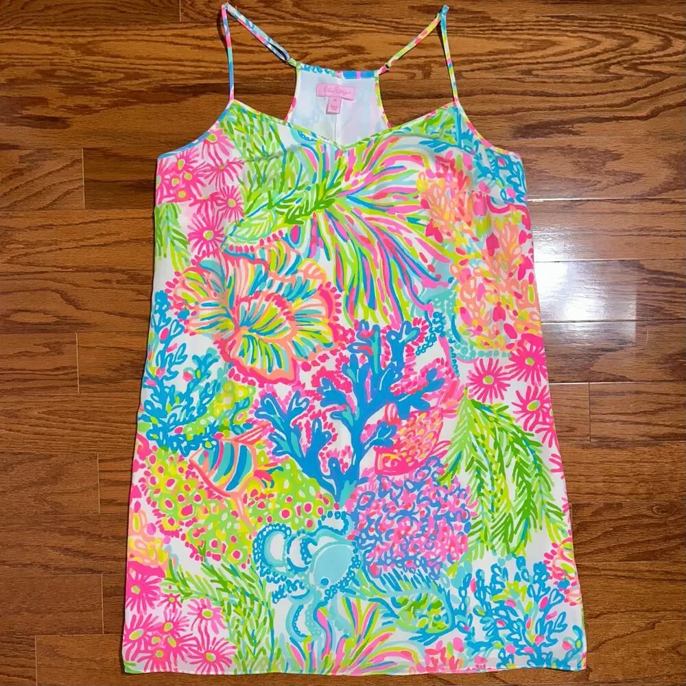 Lilly Pulitzer Dusk Colorful Neon ‘Lovers Coral’ Silk Mini Slip Dress Size M
